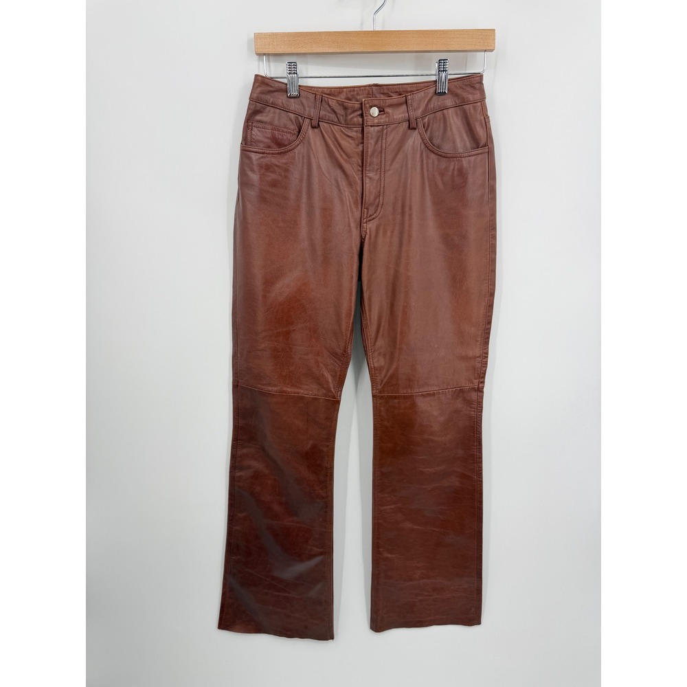Express World Brand Leather Pants sz 5/6 Brown Straight Leg Vintage 90s Cognac